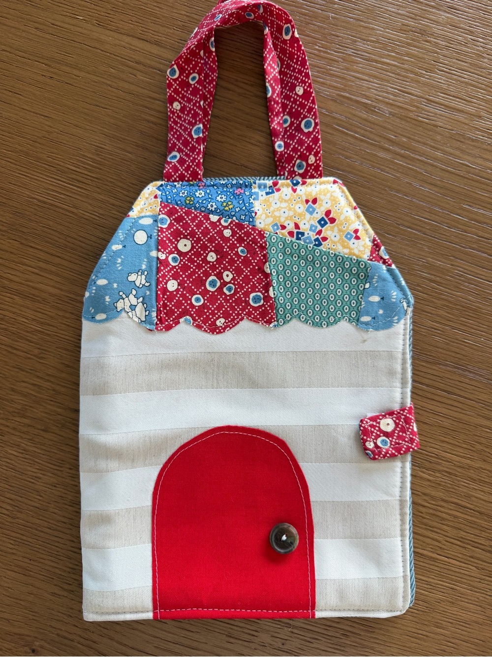 Handmade Patchwork House Tote Bag - Red Accent
